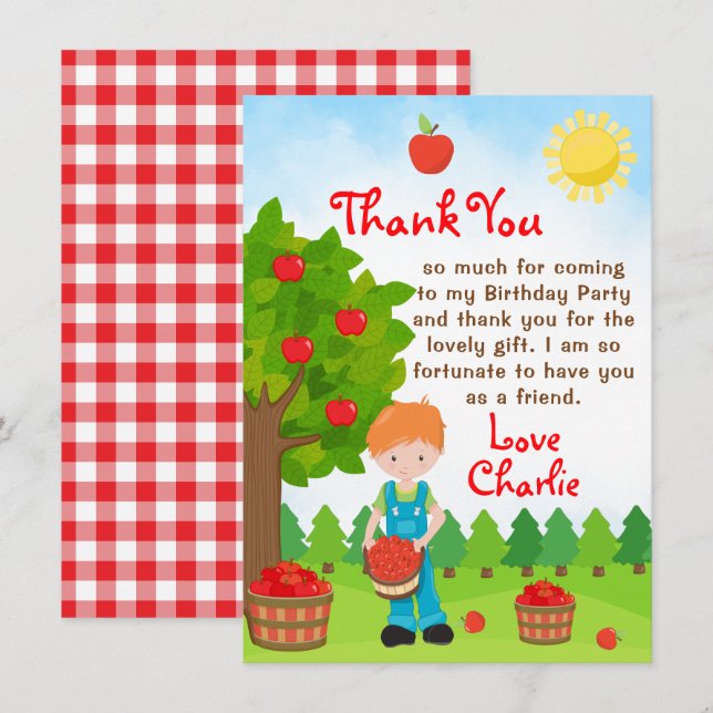 Apple Picking Red Hair Boy Birthday Thank You Invi Invitation (Front/Back)