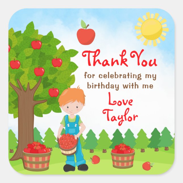Apple Picking Red Hair Boy Birthday Thank You Squa Square Sticker (Front)