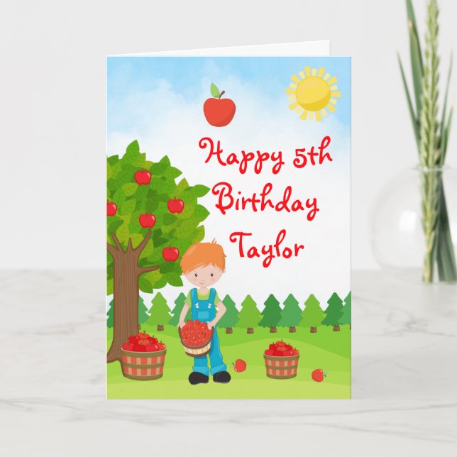 Apple Picking Red Hair Boy Happy Birthday Card (Front)