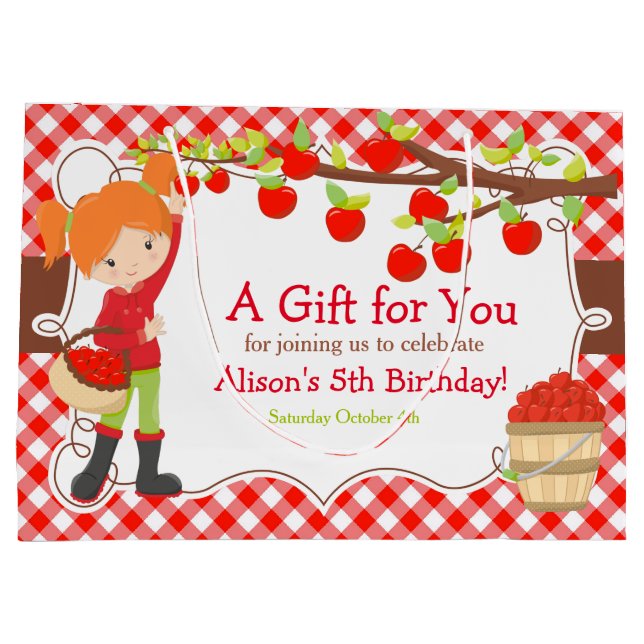 Apple Picking Red Hair Girl Birthday Party Large Gift Bag (Back)