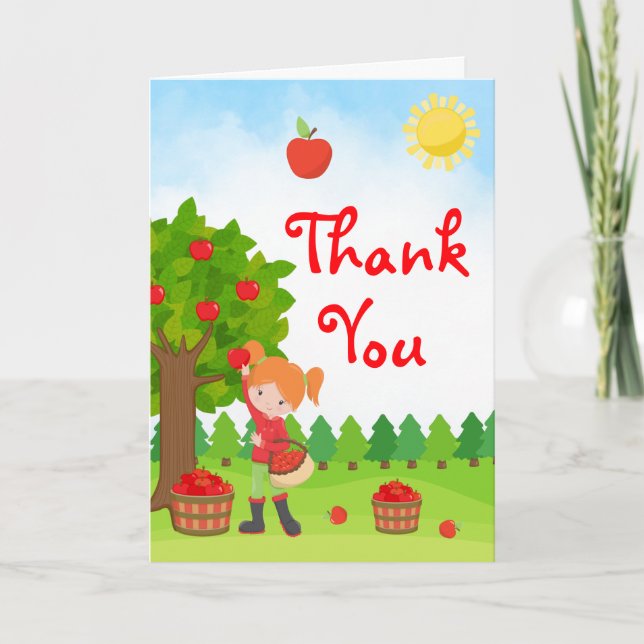 Apple Picking Red Hair Girl Birthday Thank You Car (Front)