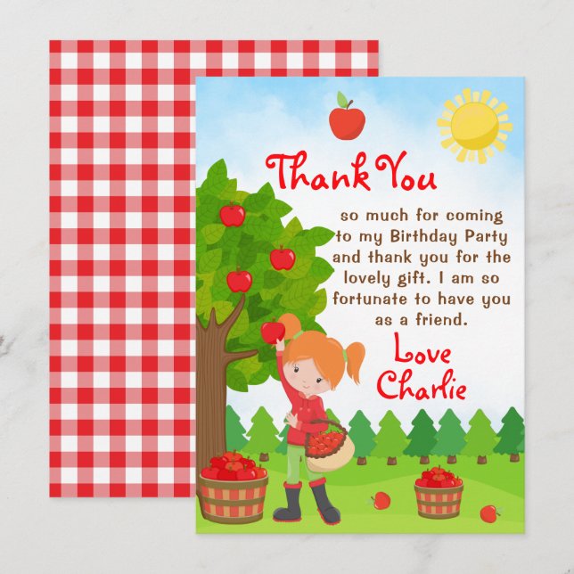 Apple Picking Red Hair Girl Birthday Thank You Inv Invitation (Front/Back)