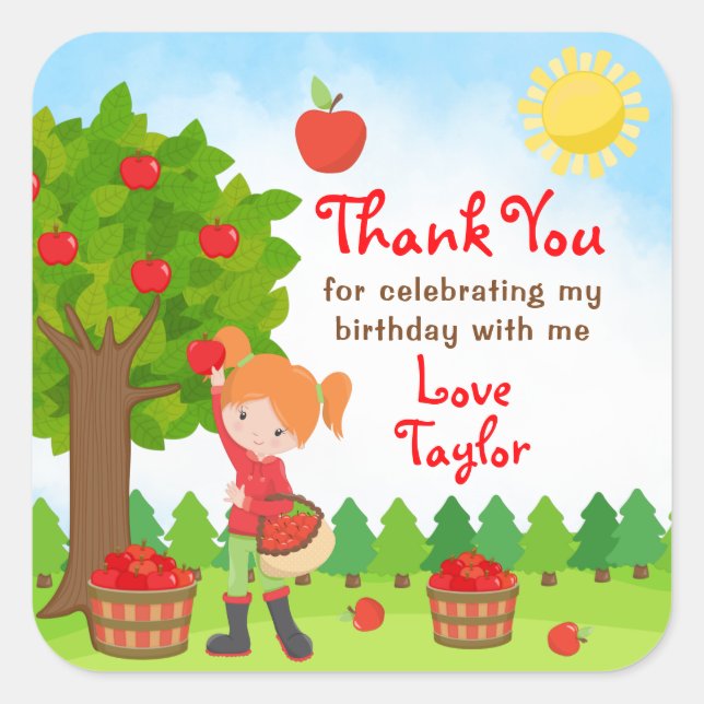 Apple Picking Red Hair Girl Birthday Thank You Squ Square Sticker (Front)