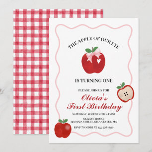 Apple Pink Bow preppy Coquette 1st birthday Invitation