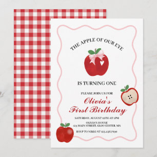 Apple Pink Bow preppy Coquette 1st birthday Invitation
