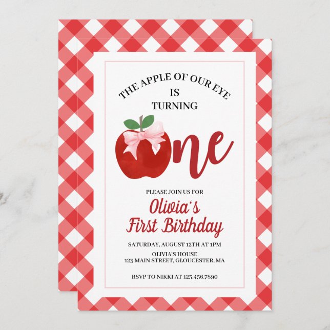Apple Pink Bow preppy Coquette 1st birthday Invitation (Front/Back)