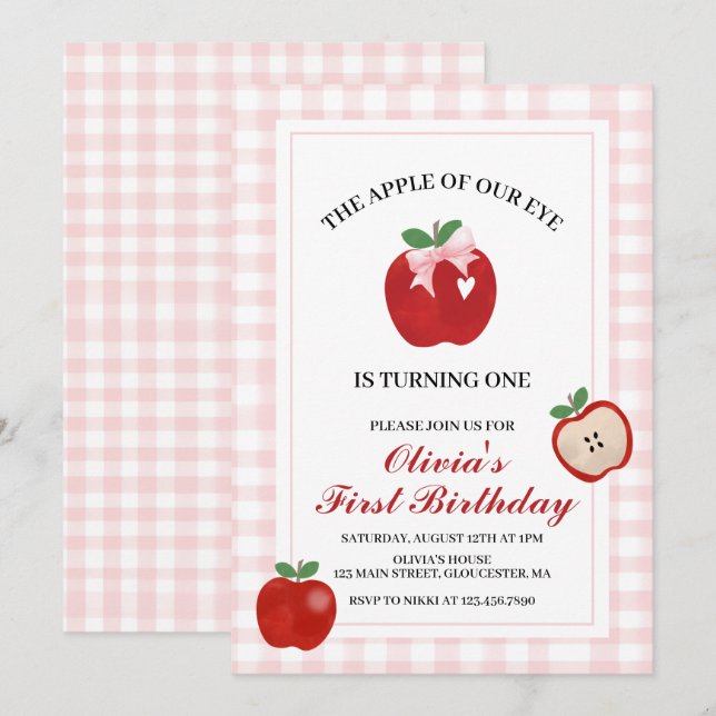 Apple Pink Bow preppy Coquette 1st birthday Invitation (Front/Back)