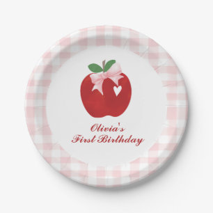Apple Pink Bow preppy Coquette 1st birthday Paper Plate