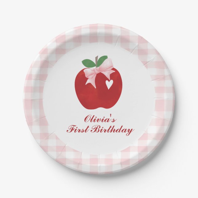 Apple Pink Bow preppy Coquette 1st birthday Paper Plate (Front)