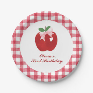 Apple Pink Bow preppy Coquette 1st birthday Paper Plate