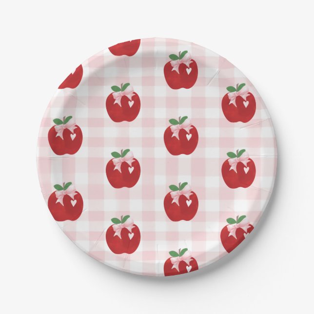 Apple Pink Bow preppy Coquette 1st birthday Paper Plate (Front)