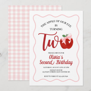 Apple Pink Bow preppy Coquette 2nd birthday Invitation