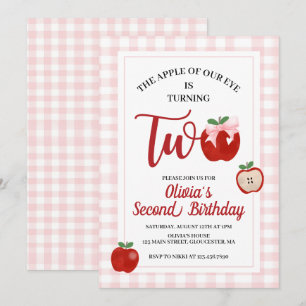 Apple Pink Bow preppy Coquette 2nd birthday Invitation