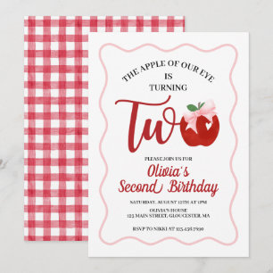 Apple Pink Bow preppy Coquette 2nd birthday Invitation
