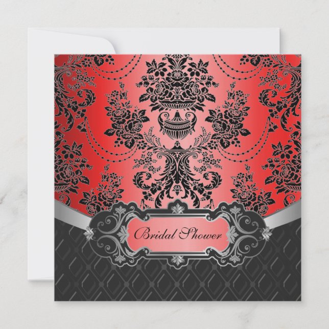 Apple Red & Black Damask Bridal Shower Invitations (Front)