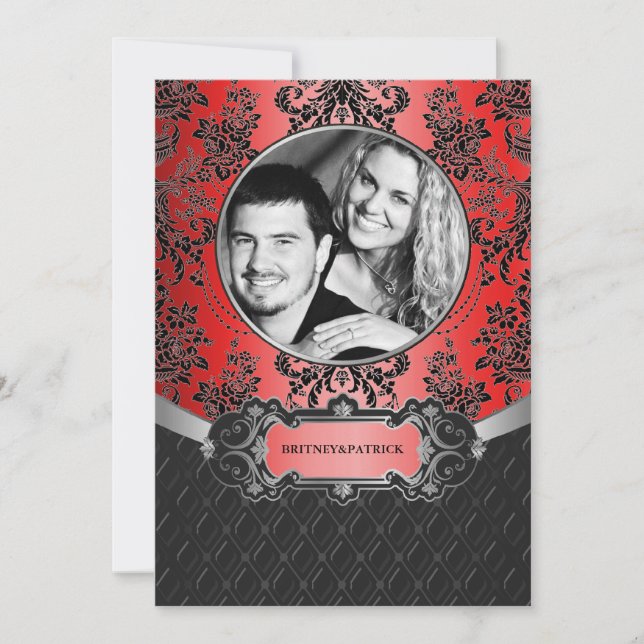 Apple Red & Black Damask Wedding Invitations (Front)