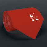 Apple Red Elegant Monogram   Name | One-Sided Tie<br><div class="desc">An elegant one-sided necktie featuring a bold white monogram across an Apple Red background. On top of this monogram sits your first or last name spelled out in all capitals. If you prefer a bolder look for the personal name inside of the large letter you can do the following: Use...</div>