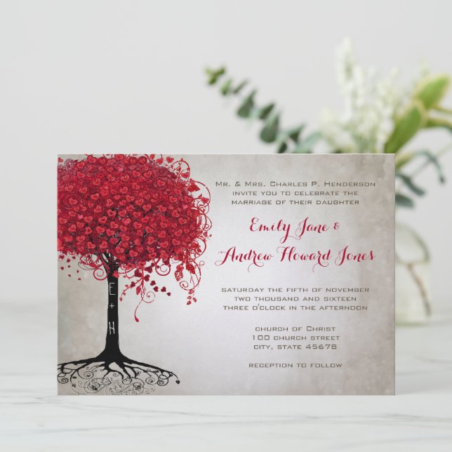 Apple Red Heart Leaf Tree Forest Wedding Invitation (Standing Front)