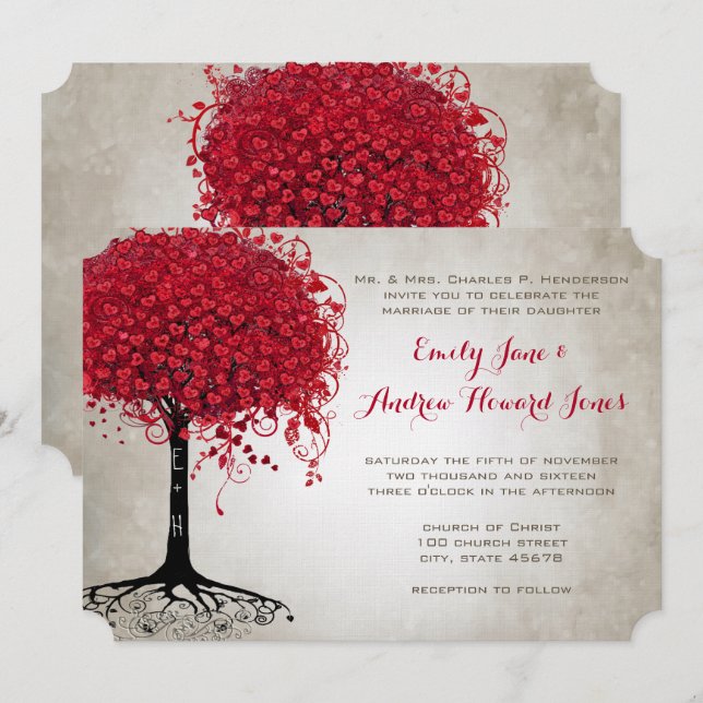 Apple Red Heart Leaf Tree Forest Wedding Invitation (Front/Back)