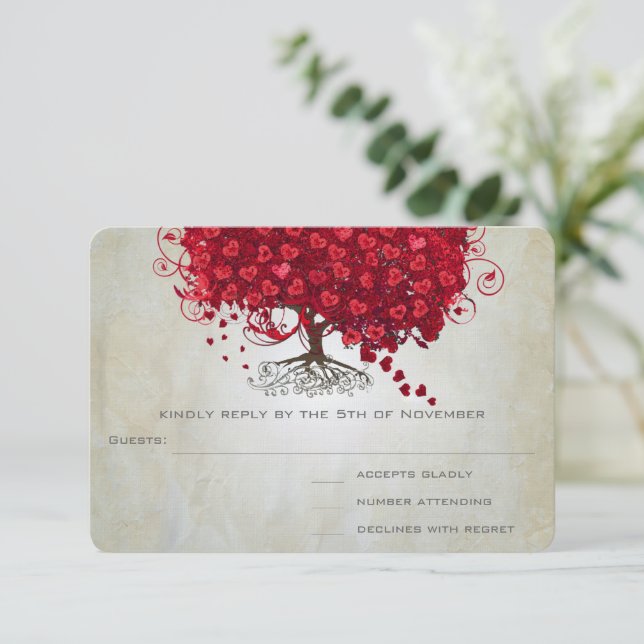 Apple Red Heart Leaf Wedding RSVP Card (Standing Front)