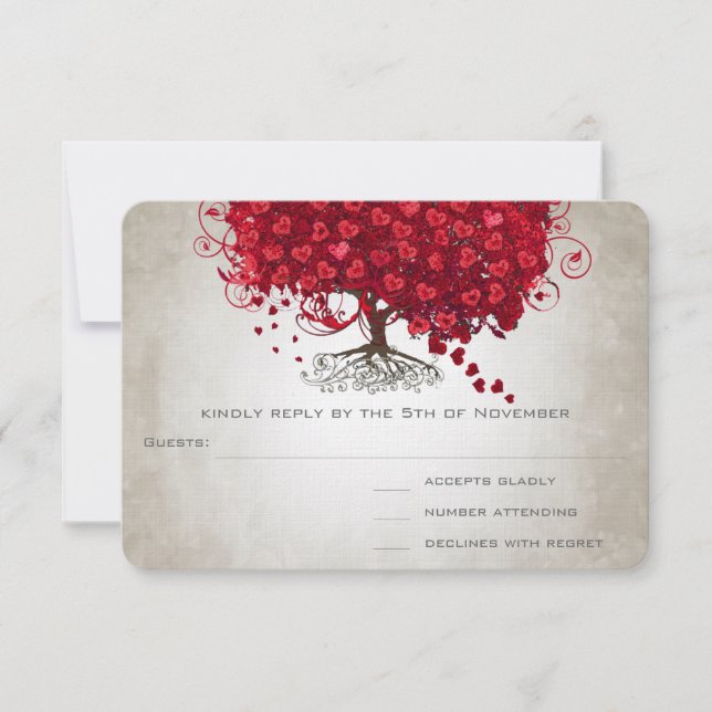 Apple Red Heart Leaf Wedding RSVP Card (Front)