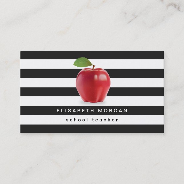 Apple School Teacher - Classic Black White Stripes Business Card (Front)