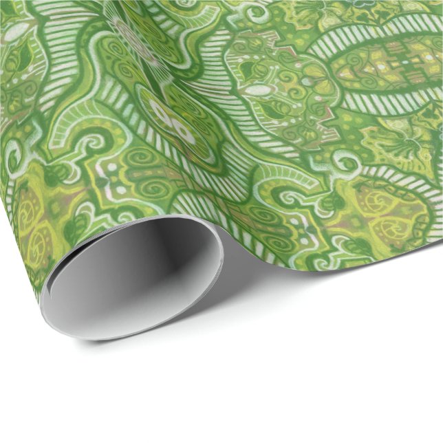 Apple Stripe Bohemian Arabesque Pattern Chartreuse Wrapping Paper (Roll Corner)