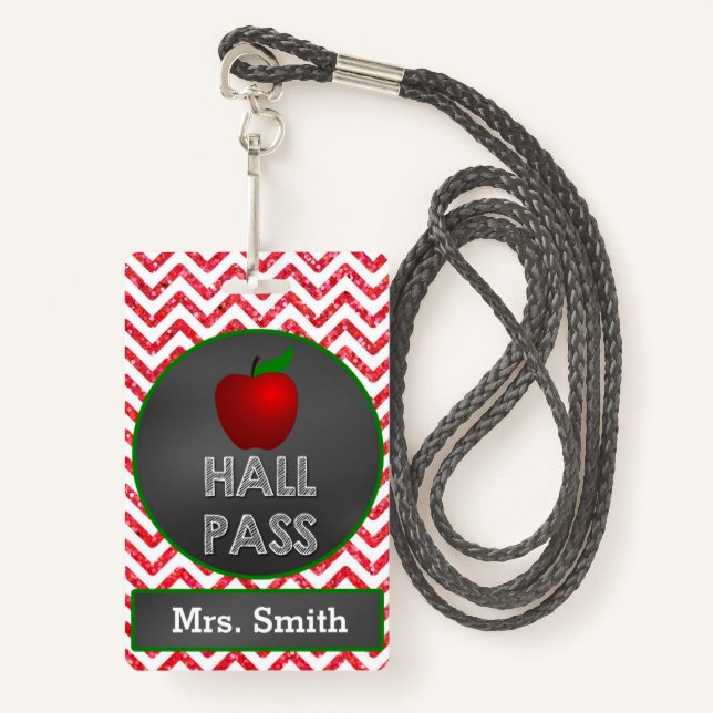 Apple Teacher Hall Pass for Classroom ID Badge (Front with Lanyard)