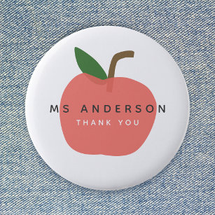 Apple Teacher   Modern Name Thank You Cute Fun 6 Cm Round Badge