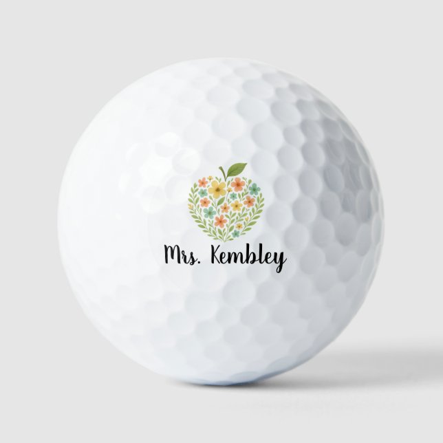 Apple Teacher name Personalised Floral Apple Golf Balls (Front)