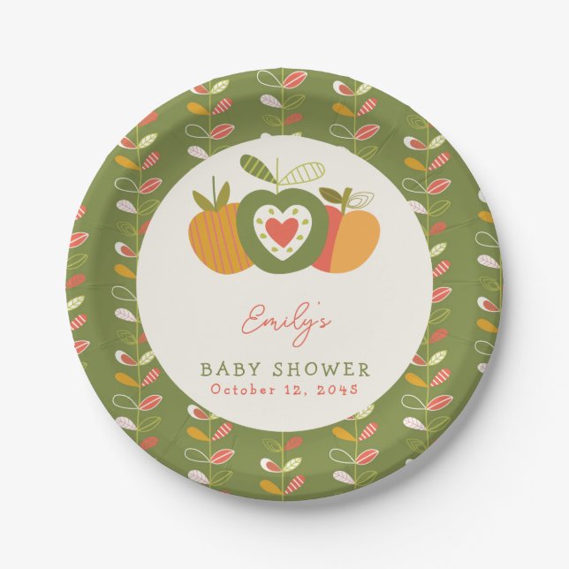 Apple Theme Fall Baby Shower Gender Neutral Green Paper Plate (Front)