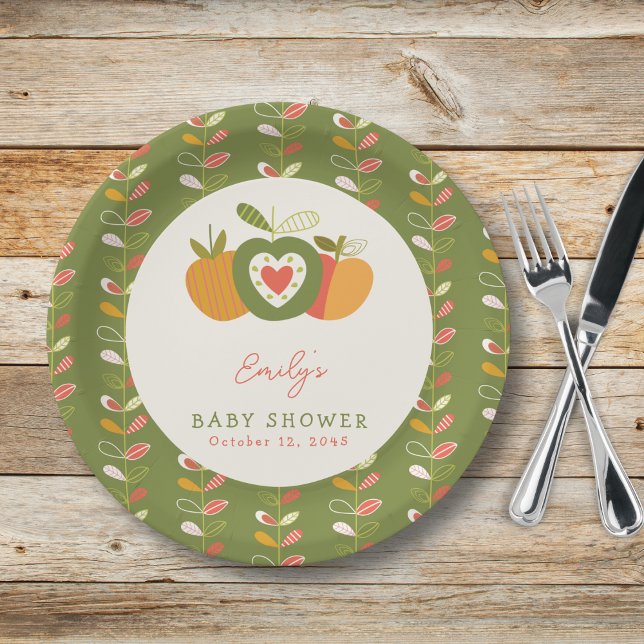 Apple Theme Fall Baby Shower Gender Neutral Green Paper Plate (Creator Uploaded)