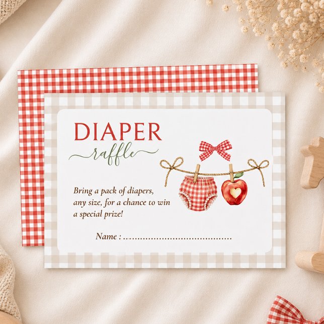 Apple theme red gingham baby shower diaper raffle  enclosure card (Creator Uploaded)