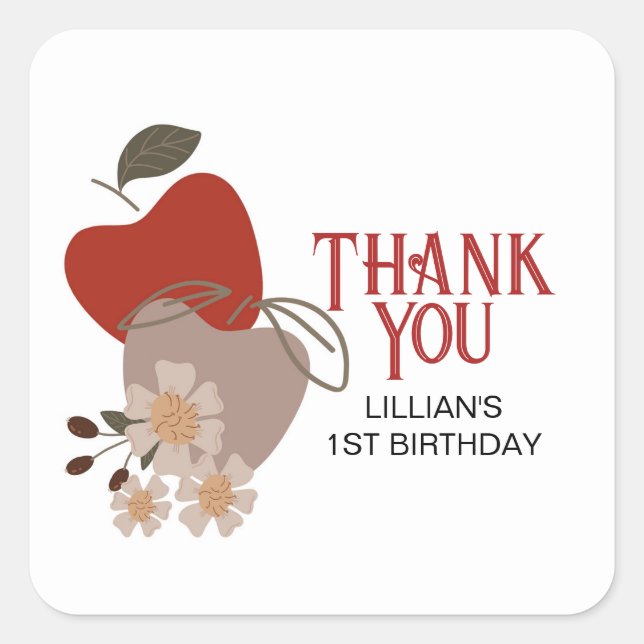 Apple Themed Birthday Thank You Square Sticker (Front)