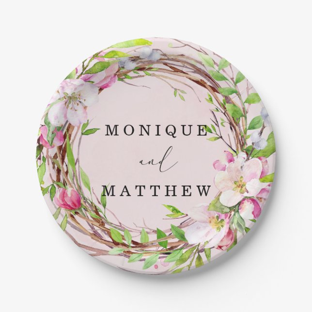 Apple Tree Blossom Wreath Wedding Paper Plate (Front)