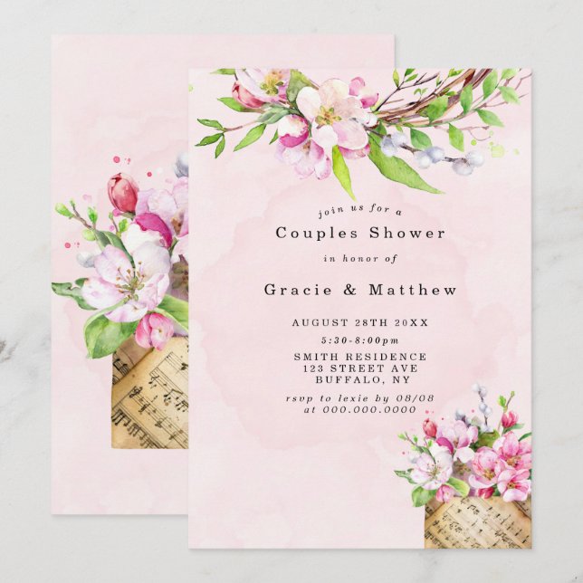 Apple Tree Blossoms Music Couples Shower Invites (Front/Back)