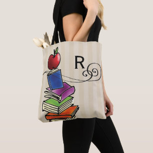 Apple with Book Stack Monogram Tote Bag