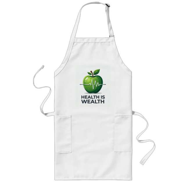 Apple with Heartbeat Pulse and Health is Wealth Long Apron (Front)