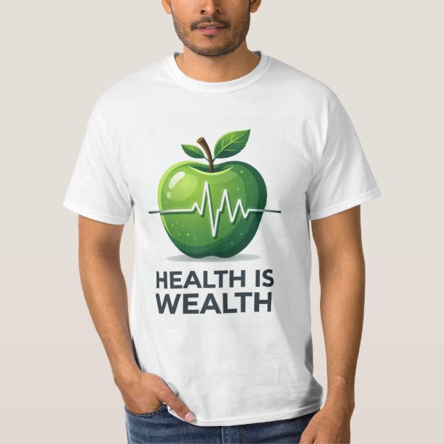 Apple with Heartbeat Pulse and Health is Wealth T-Shirt (Front)