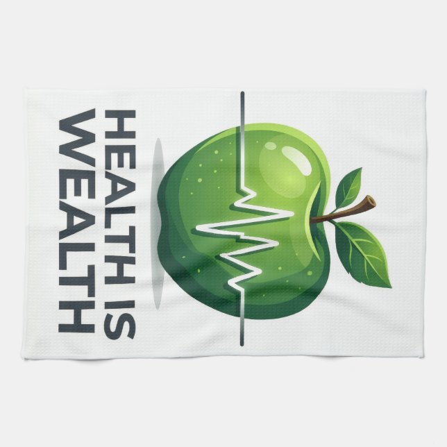 Apple with Heartbeat Pulse and Health is Wealth Tea Towel (Horizontal)