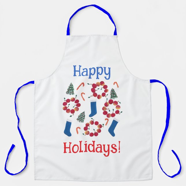Apple Wreathes Blue Stockings Happy Holidays Apron (Front)