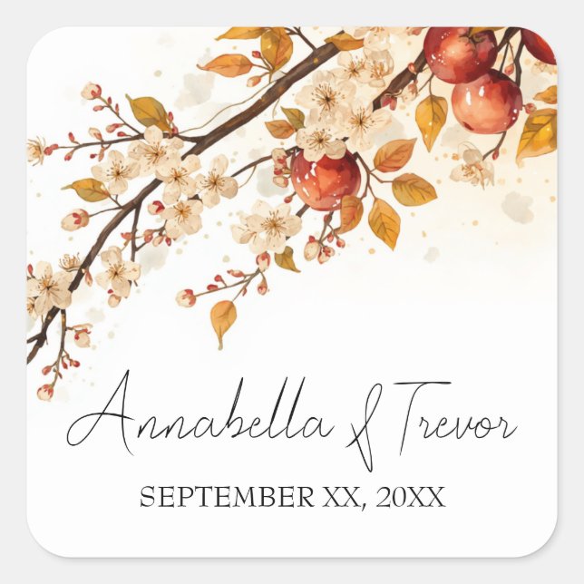 Apples and Blossoms Autumn Wedding Custom Name Square Sticker (Front)