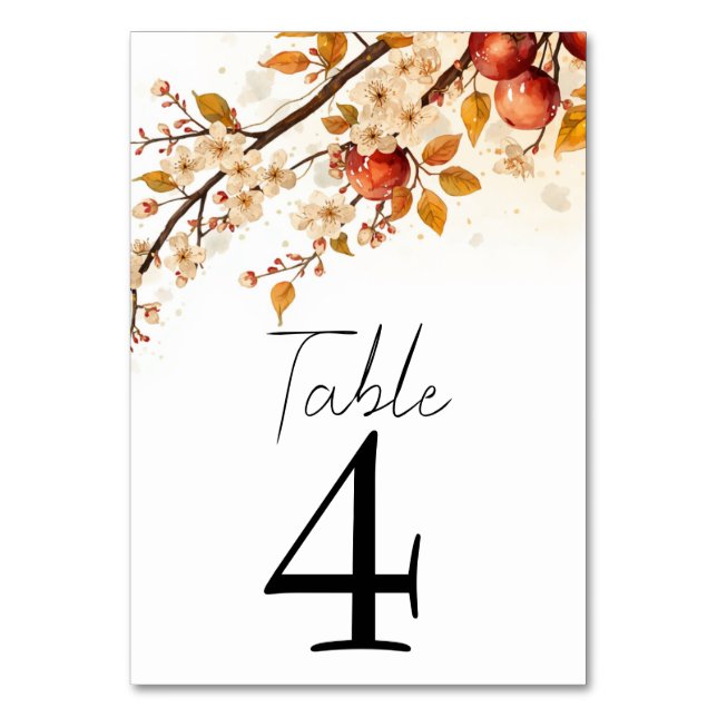 Apples and Blossoms Autumn Wedding Table Number (Front)