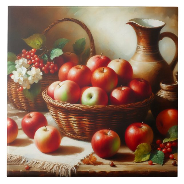 Apples Blossoms and Pottery Still Life Painting Tile (Front)