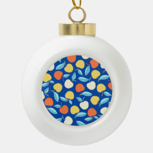Apples leaves, blue background, seamless pattern. ceramic ball christmas ornament