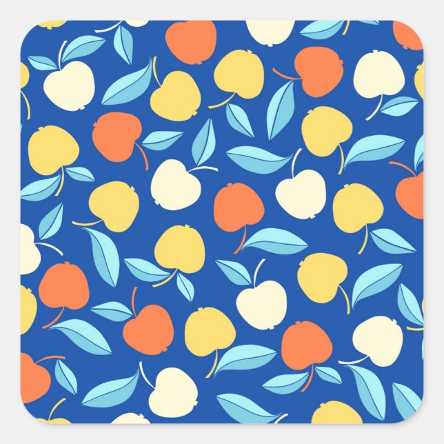 Apples leaves, blue background, seamless pattern. square sticker (Front)