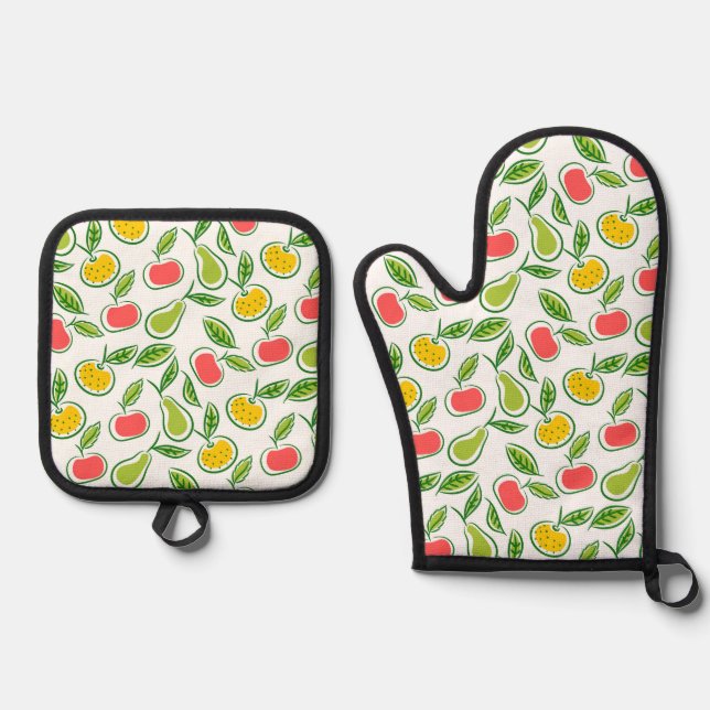 Apples Oranges and Pears Fruit Pattern Oven Mitt & Pot Holder Set (Front)