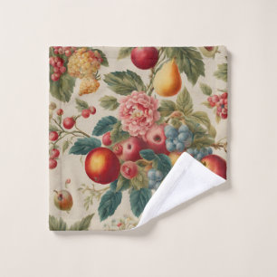 Apples, Pears, Grapes, Pink Flower. French Painted Bath Towel Set