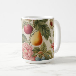 Apples, Pears, Grapes, Pink Flower. French Painted Coffee Mug