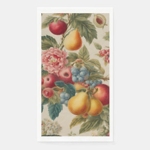 Apples, Pears, Grapes, Pink Flower. French Painted Napkin